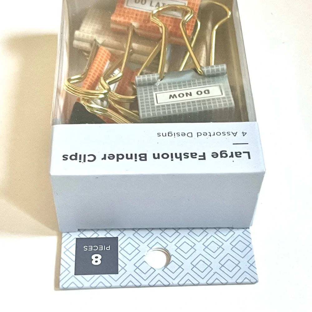 🏷️ set of 8 assorted gold decorative binder clips do now, do later, to file